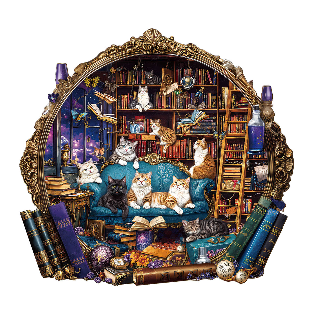 Cat Library Adventure Wooden Jigsaw Puzzle