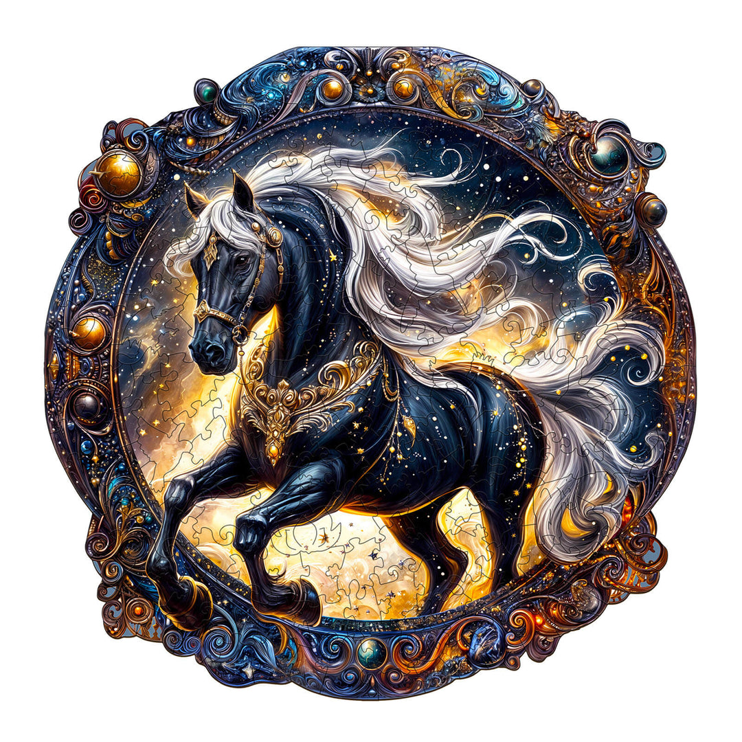 Elegant Horse Wooden Jigsaw Puzzle featuring a majestic black horse in a cosmic design, promoting focus and cognitive skills.