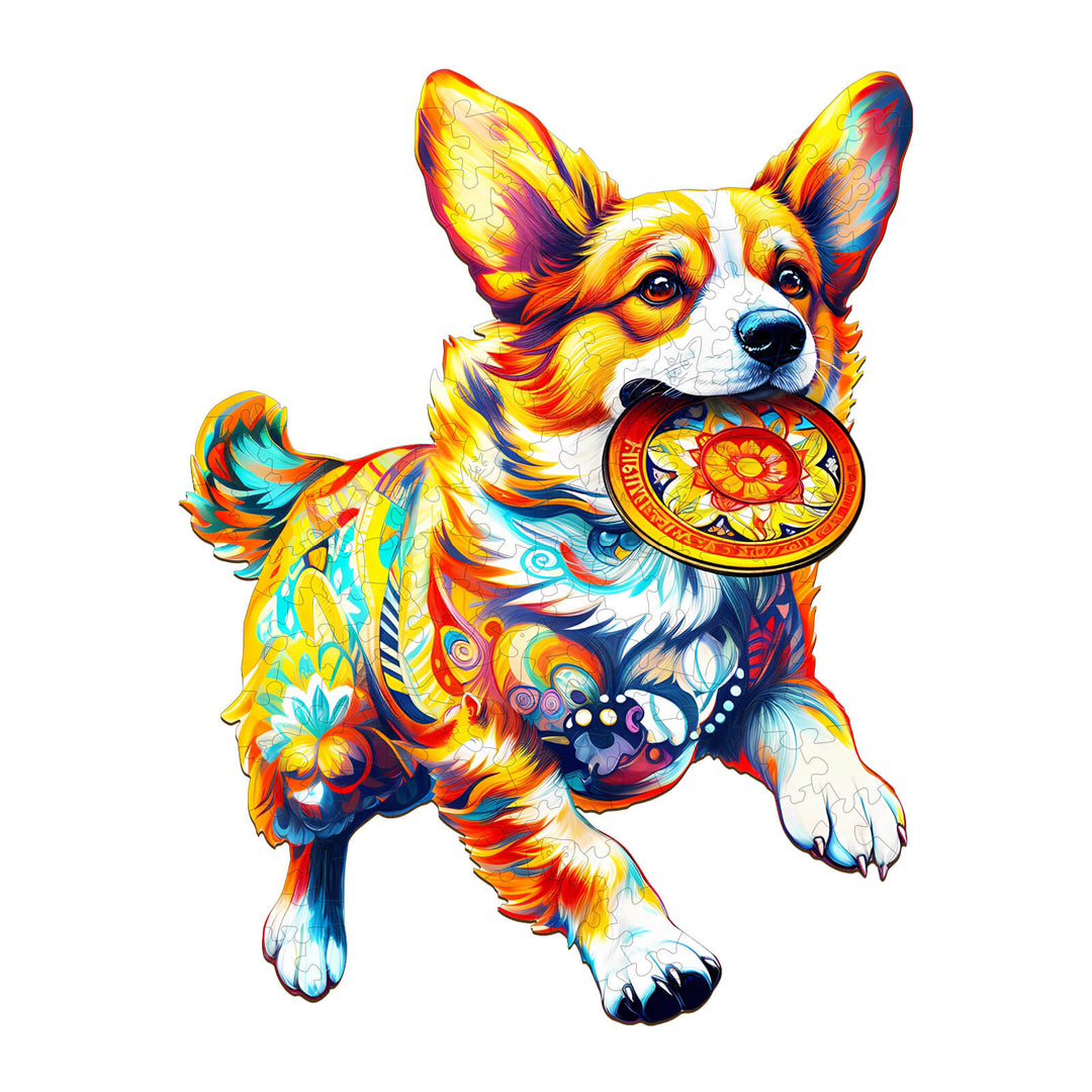 Colorful corgi dog running with a toy, perfect for puzzle lovers and mind game enthusiasts.