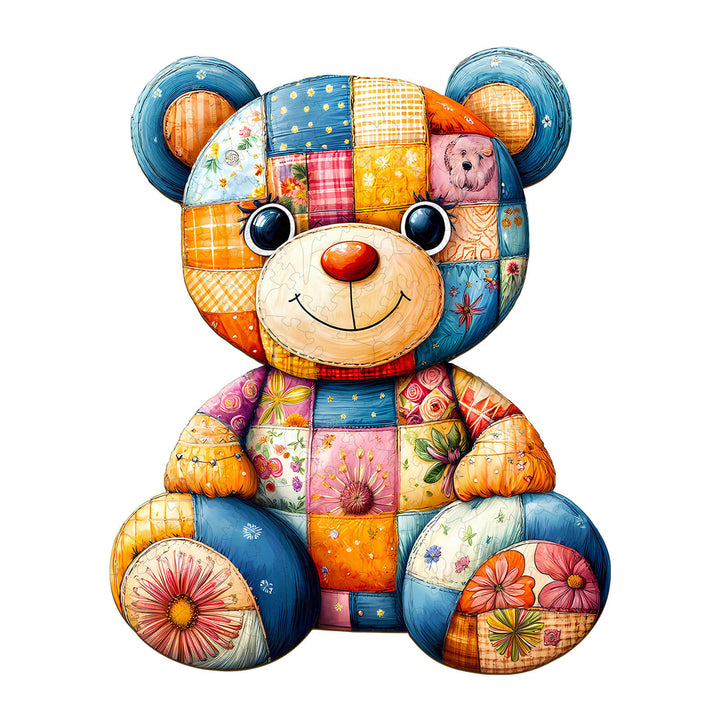 Colorful patchwork bear jigsaw puzzle, perfect for enhancing focus and cognitive skills while having fun.