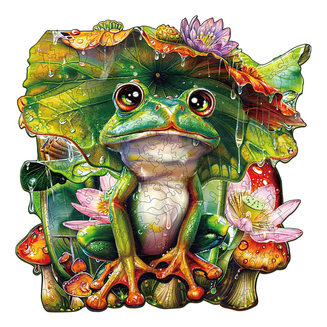 Colorful frog jigsaw puzzle with water droplets, surrounded by lily pads and mushrooms, perfect for enhancing focus and brain skills.