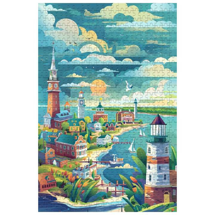 Coastal City 500/1000 piece jigsaw puzzle, vibrant coastal scene with lighthouse, perfect for mind games and focus.