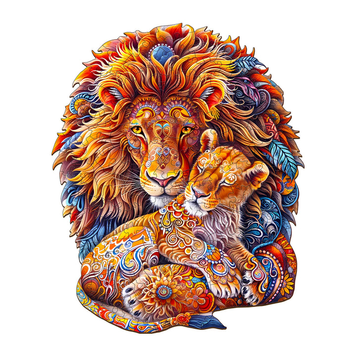 Colorful Fatherly Lion with cub design for a wooden jigsaw puzzle, enhancing focus and intelligence.