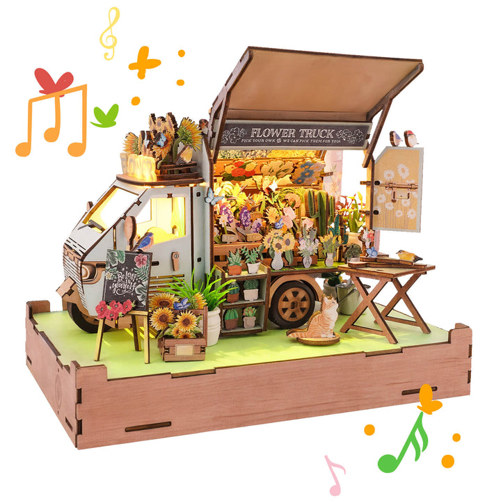 DIY miniature flower cart 3D wooden puzzle kit with vibrant flowers and a charming design for craft lovers.