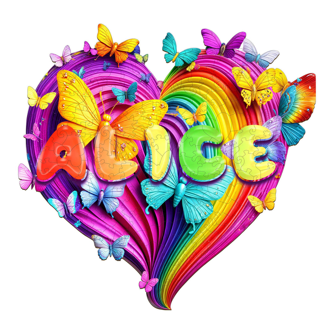 Colorful Love Rainbow Custom Name Jigsaw Puzzle featuring the name Alice and vibrant butterflies in heart shape.