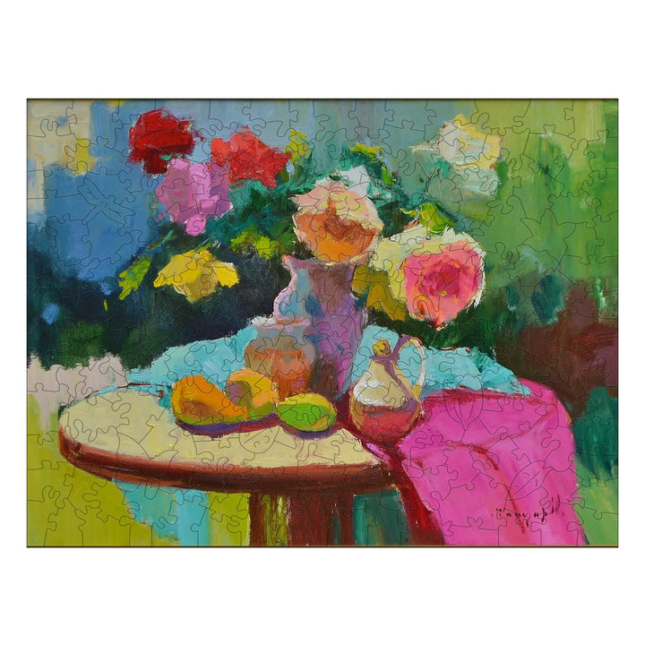 Colorful painting of flowers in a vase on a table with fruit, inspired by Alexander Shandor's artistic vision.
