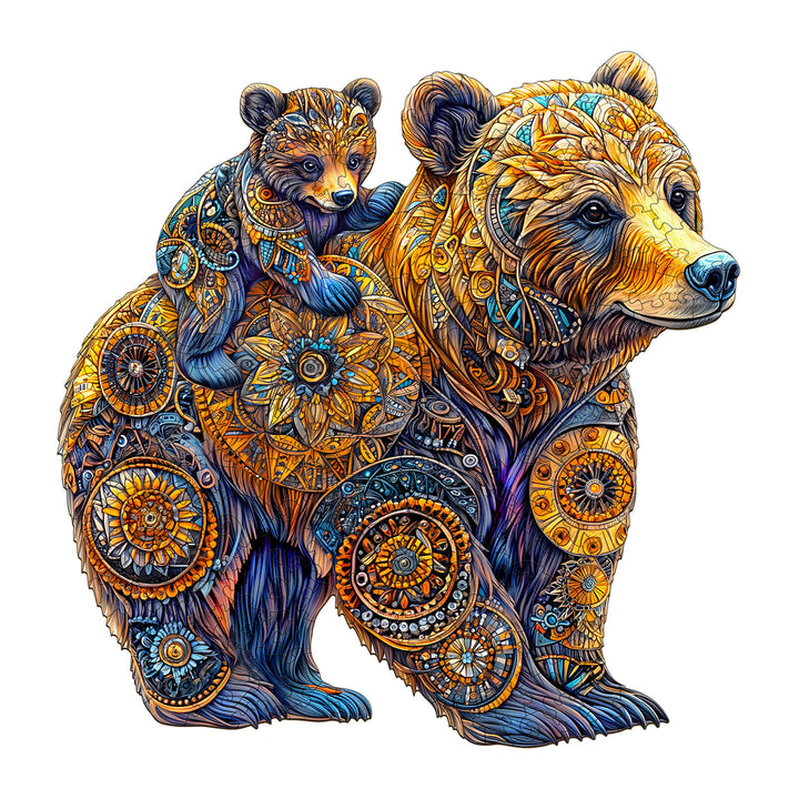 Colorful Mother Bear and cub wooden jigsaw puzzle, designed for enhancing focus and cognitive skills.