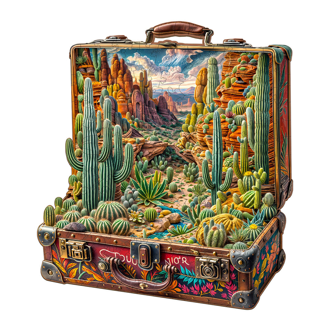 Desert Odyssey-1 wooden jigsaw puzzle featuring vibrant cacti and a scenic desert landscape.