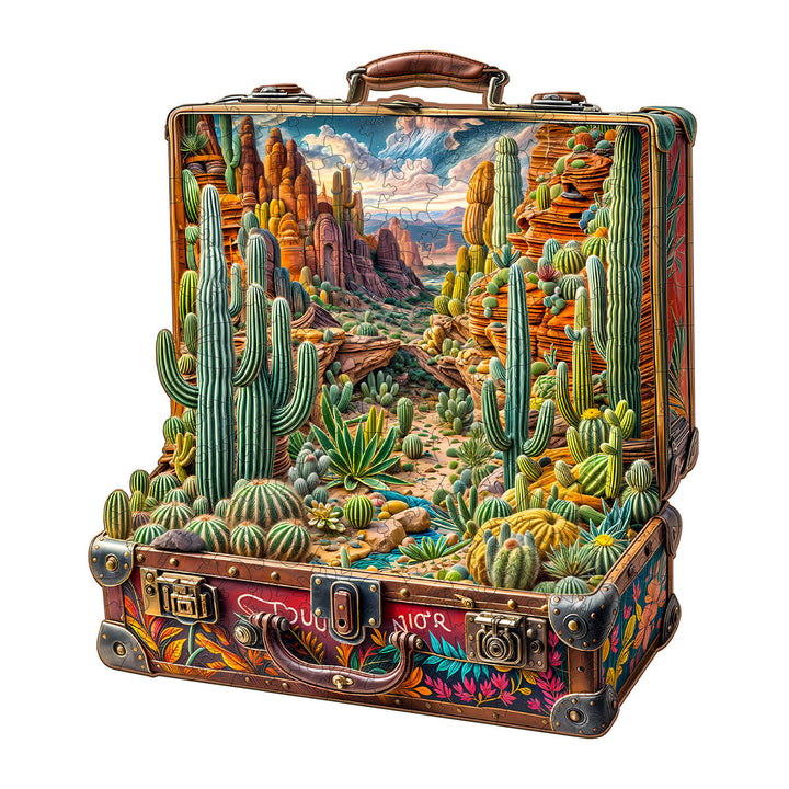 Desert Odyssey-1 wooden jigsaw puzzle featuring vibrant cacti and a scenic desert landscape.