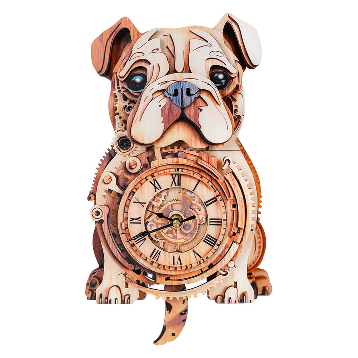 DIY wooden bulldog clock model, 3D puzzle craft kit featuring intricate design and precise laser-cut craftsmanship.