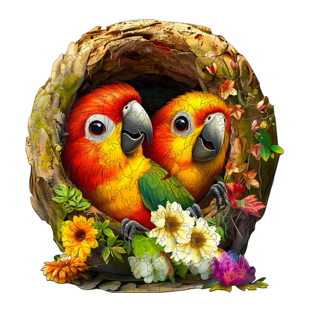 A vibrant wooden jigsaw puzzle featuring two colorful parrots nestled in a flower-filled nest.