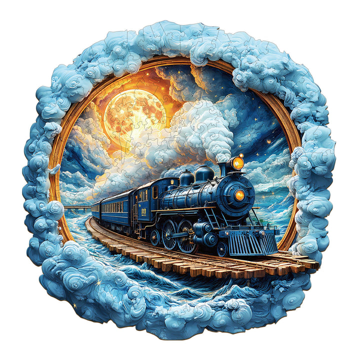 3D jigsaw puzzle featuring a colorful train traveling on tracks through clouds and water, with a glowing moon in the background.