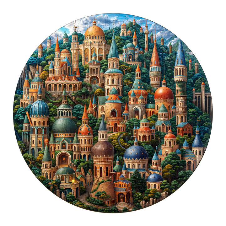 Colorful round jigsaw puzzle featuring a whimsical cityscape with towers and domes nestled among greenery.