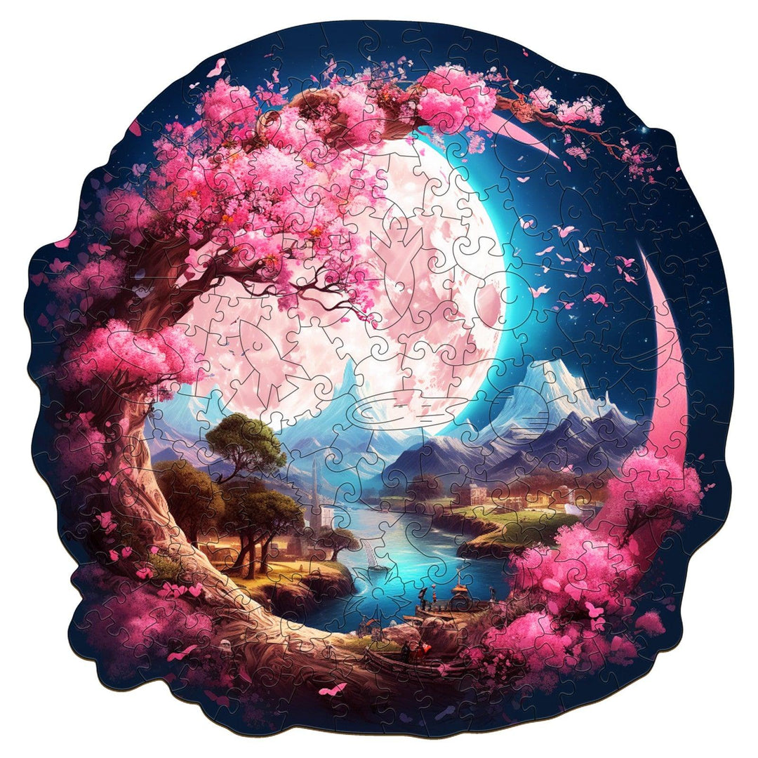 Beautiful Moon Wooden Jigsaw Puzzle featuring a vibrant garden and tranquil scene with cherry blossoms.