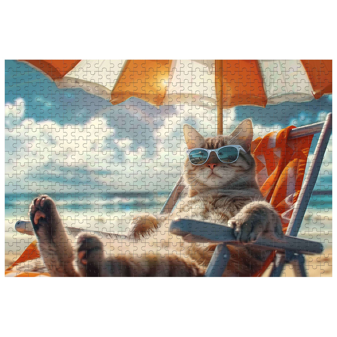 Holiday Cat jigsaw puzzle featuring a relaxed cat in sunglasses on a beach chair under an umbrella.