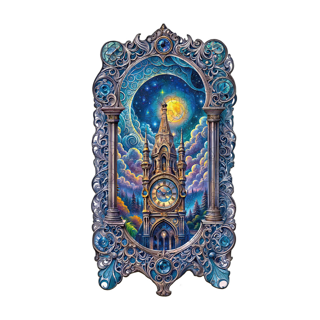 Moonlit clock tower wooden jigsaw puzzle, intricate design, vivid colors, promotes focus and mental agility.