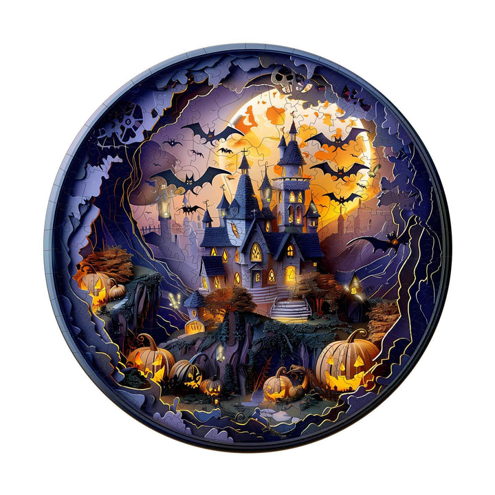 3D Halloween Castle-2 wooden jigsaw puzzle featuring a spooky haunted castle and pumpkins in a dark, atmospheric setting.