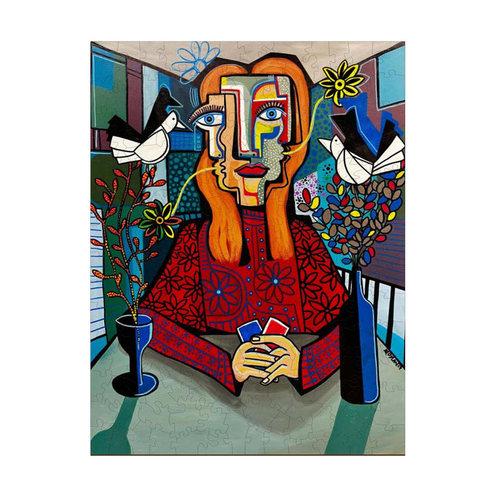 Colorful artwork featuring a woman surrounded by flowers and birds, inspired by artist Dylan Gill.