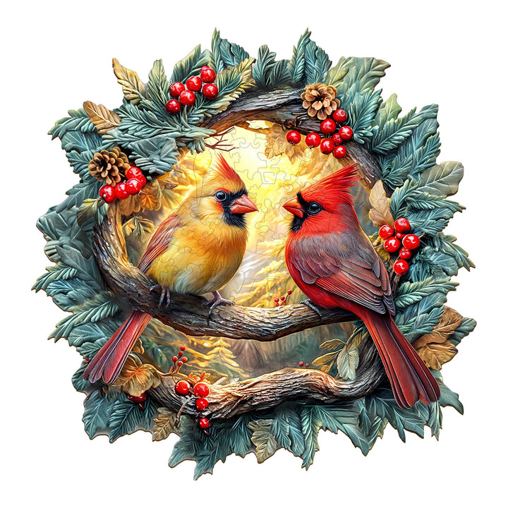 3D Northern Cardinal Wooden Jigsaw Puzzle featuring vibrant cardinals and red berries in a beautiful nature scene.