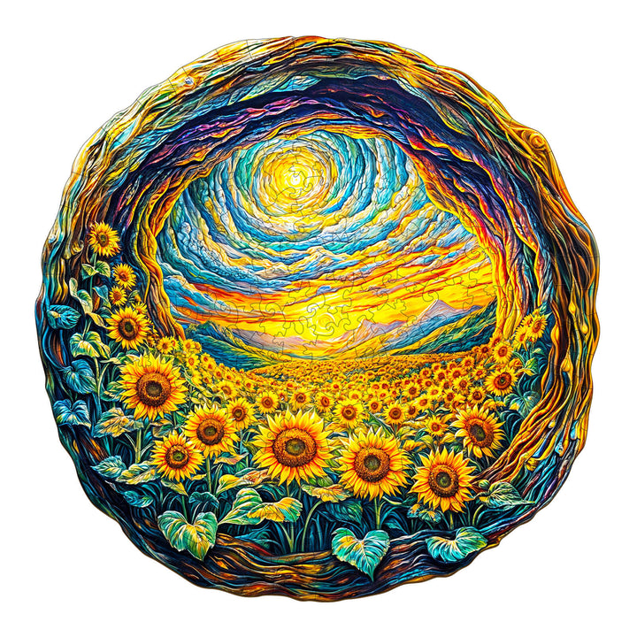 3D Sunlit Fields Wooden Jigsaw Puzzle featuring vibrant sunflowers and a scenic sunset in a circular design.