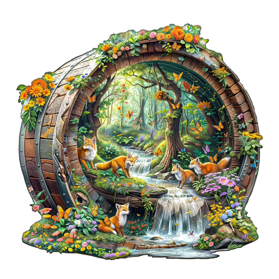 Colorful Happy Foxes wooden jigsaw puzzle featuring a forest scene with waterfalls and vibrant flowers.