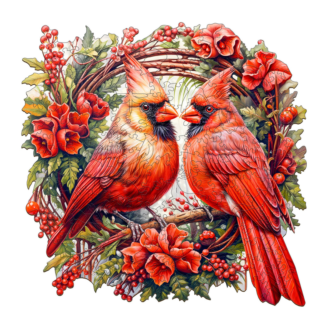 Cardinal Wooden Jigsaw Puzzle featuring two vibrant red cardinals among floral accents, perfect for mind games and enhancing focus.