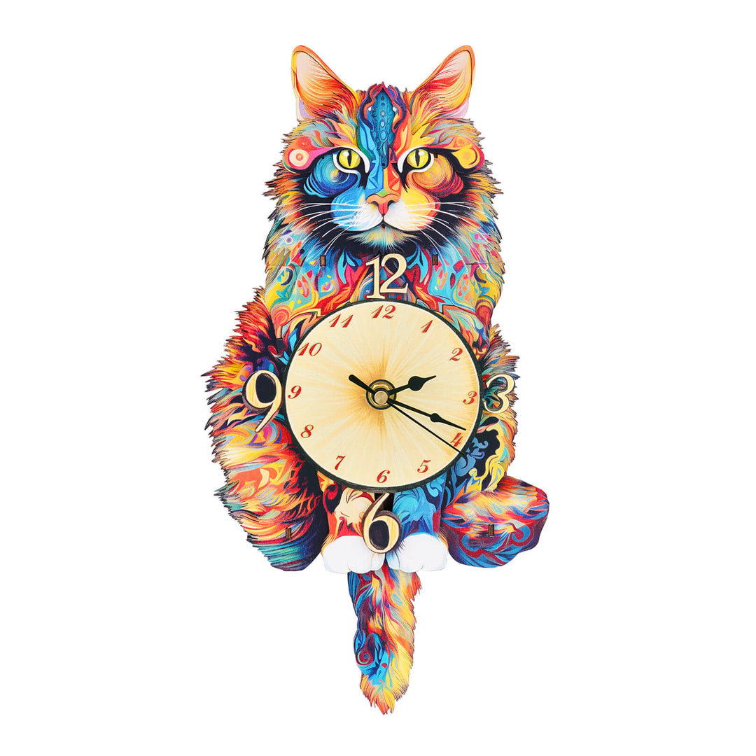 Colorful Maine Coon cat wooden clock, featuring a unique design and playful 3D puzzle elements for DIY enthusiasts.