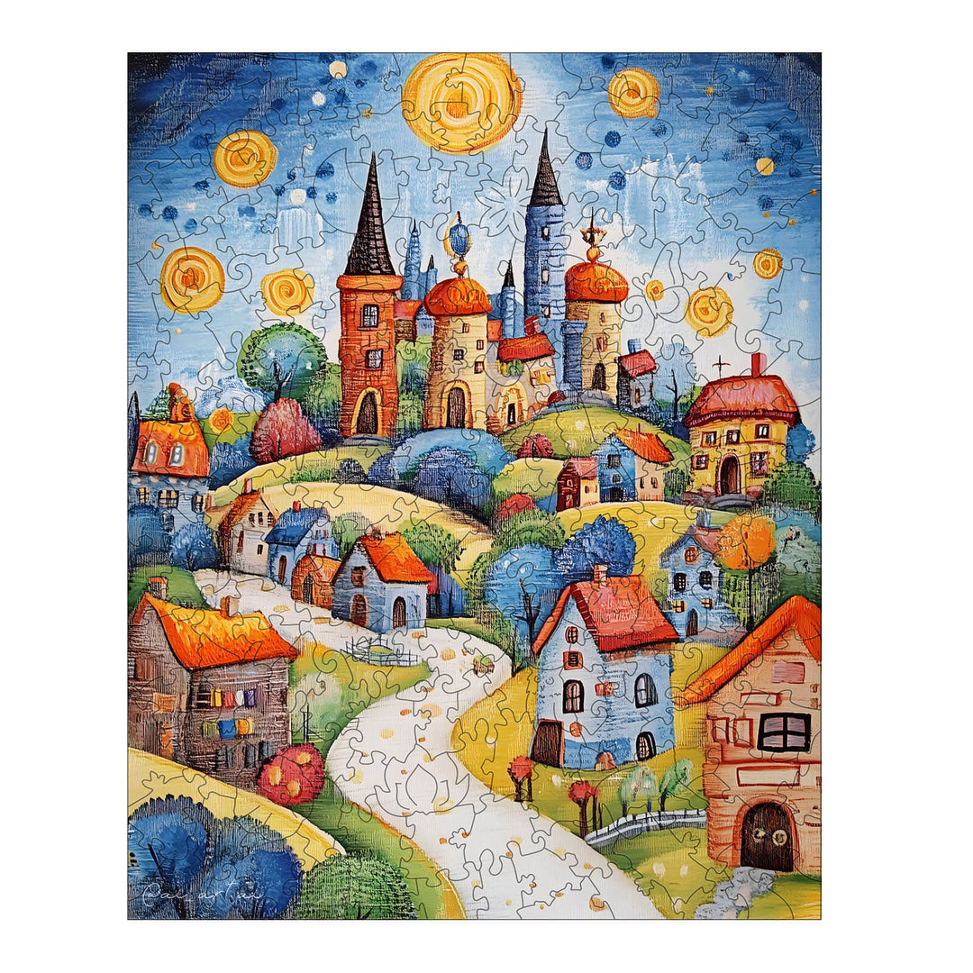 Colorful puzzle depicting a whimsical village scene with vibrant houses and a bright sky, by artist Pietro Gallo.