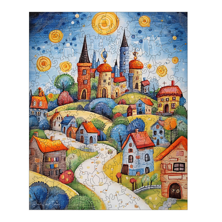 Colorful puzzle depicting a whimsical village scene with vibrant houses and a bright sky, by artist Pietro Gallo.