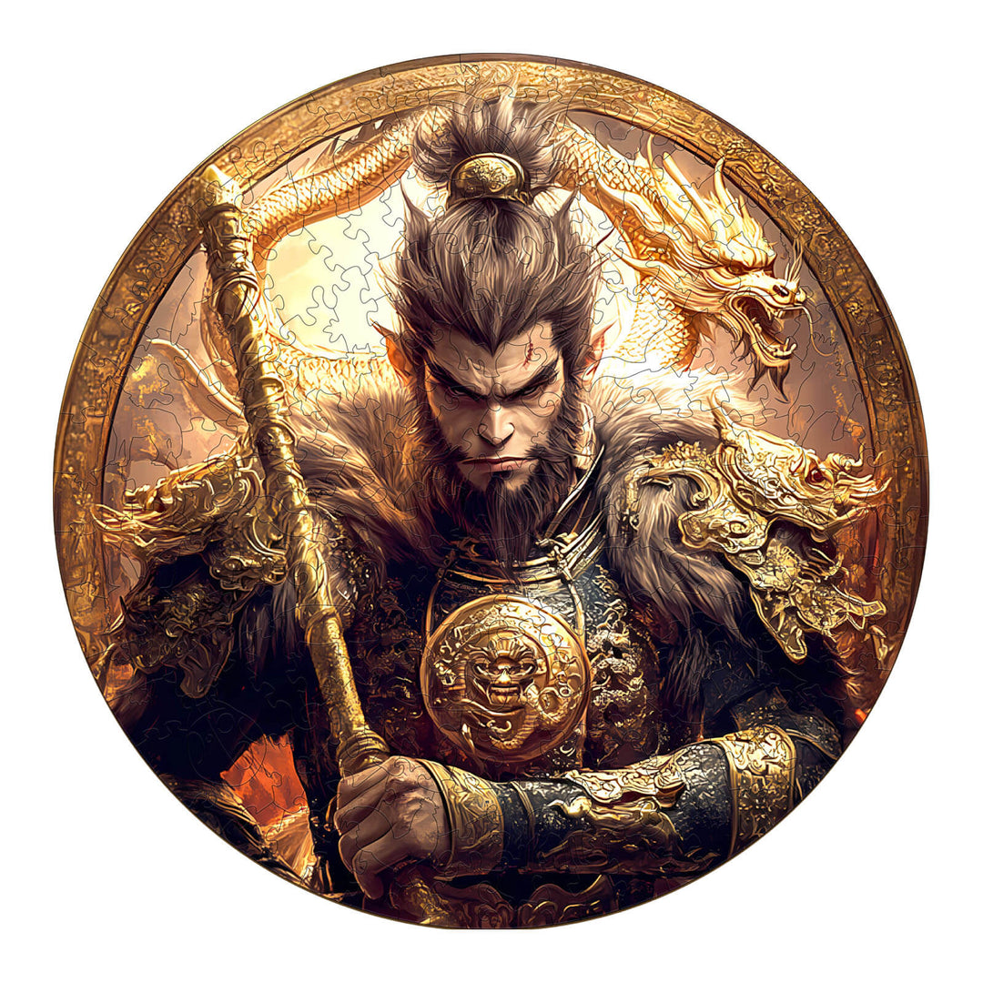 Wu Kong-2 Wooden Jigsaw Puzzle featuring a detailed illustration of the Monkey King with dragon and ornate armor.