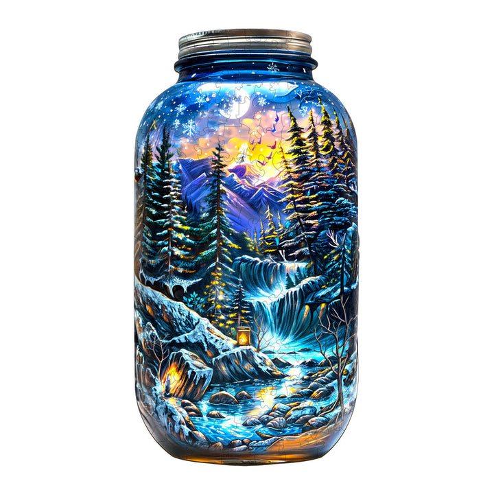 Artistic mason jar featuring a vibrant winter landscape with trees, mountains, and a serene waterfall.