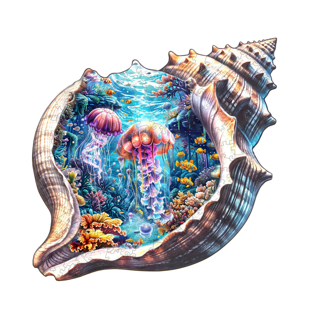 Fantasy Shell World wooden jigsaw puzzle featuring vibrant jellyfish and colorful fish in a seashell design.