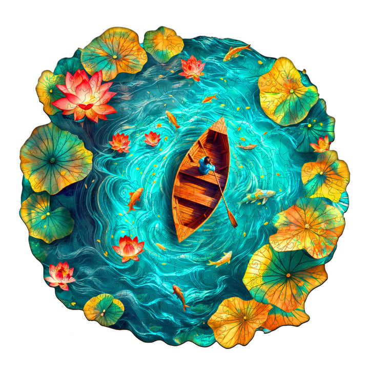 Boat and Lotus Wooden Jigsaw Puzzle