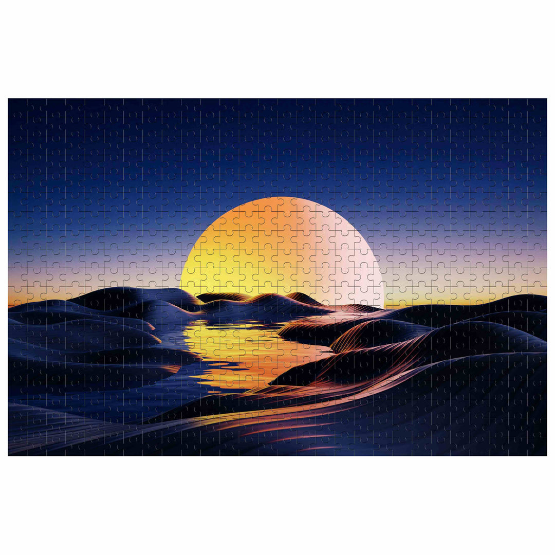 Sunset Desert 500/1000 piece jigsaw puzzle featuring a vibrant sunset over sand dunes and water.