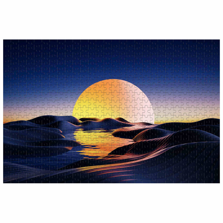 Sunset Desert 500/1000 piece jigsaw puzzle featuring a vibrant sunset over sand dunes and water.
