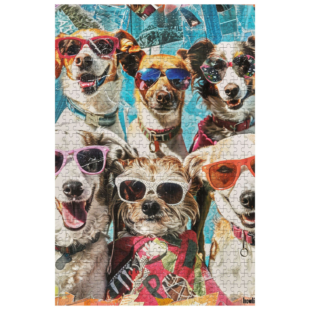 Colorful Holiday Puppy puzzle featuring happy dogs in sunglasses, great for jigsaw puzzle enthusiasts and mind games.