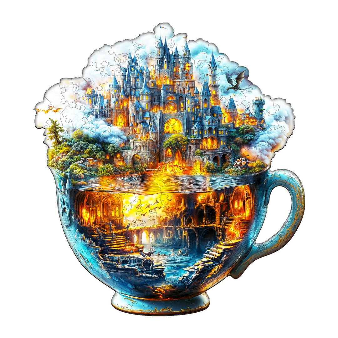 Magic cup-1 wooden jigsaw puzzle featuring a stunning castle scene, perfect for enhancing focus and cognitive skills.