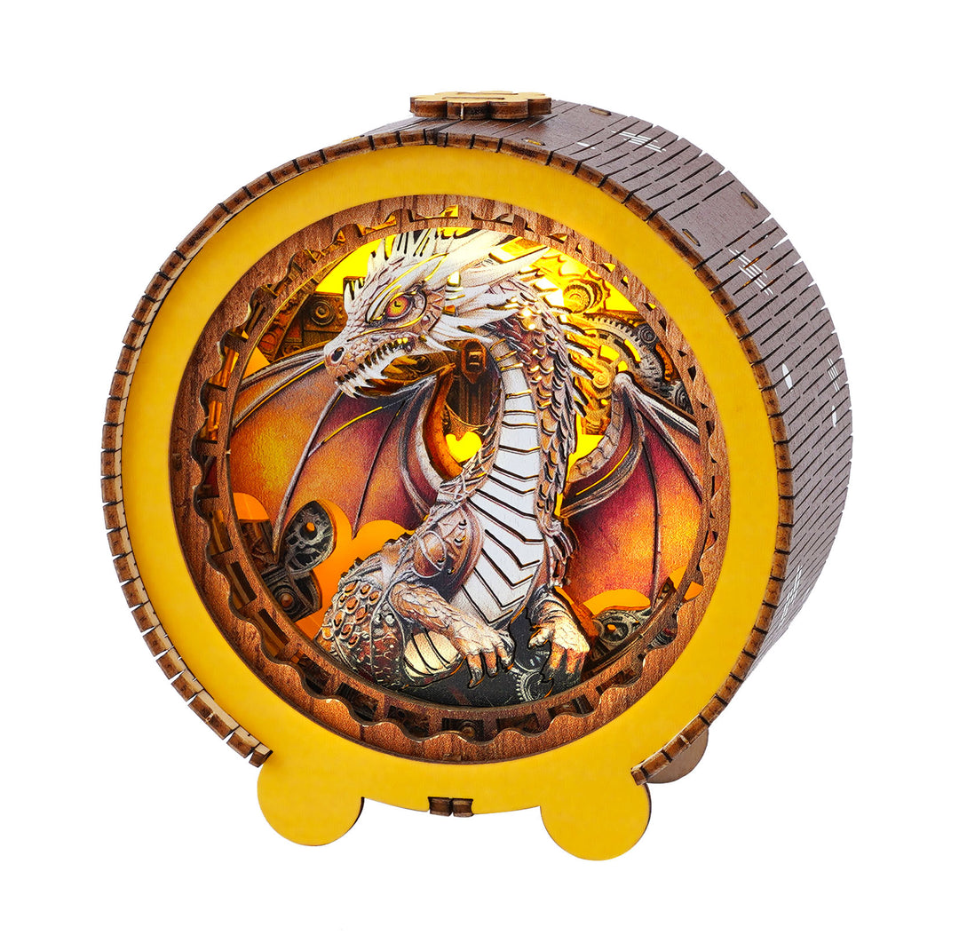 Steampunk dragon 3D wooden puzzle night light with intricate design and warm glowing colors.