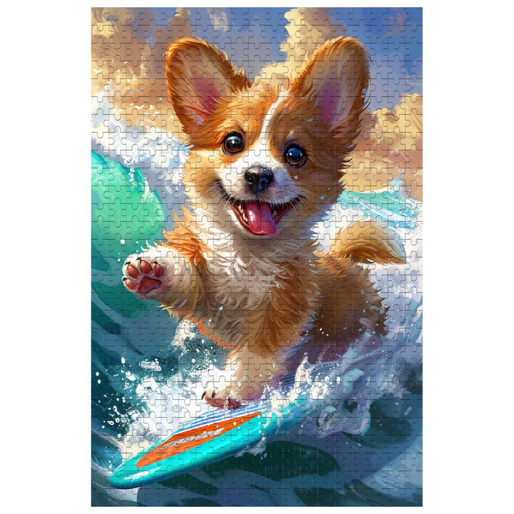 Colorful jigsaw puzzle featuring a joyful surfing Corgi riding a wave, perfect for puzzle lovers and mind game enthusiasts.