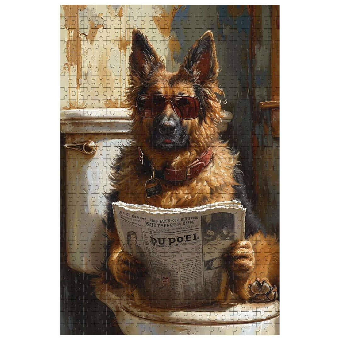 Handsome German Shepherd in sunglasses reading a newspaper, featured in a unique 500/1000 piece jigsaw puzzle.