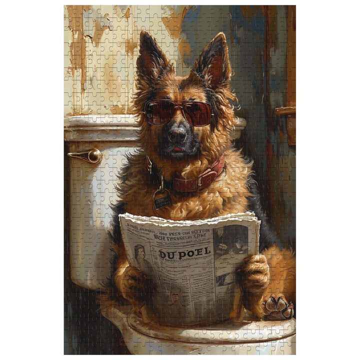 Handsome German Shepherd in sunglasses reading a newspaper, featured in a unique 500/1000 piece jigsaw puzzle.