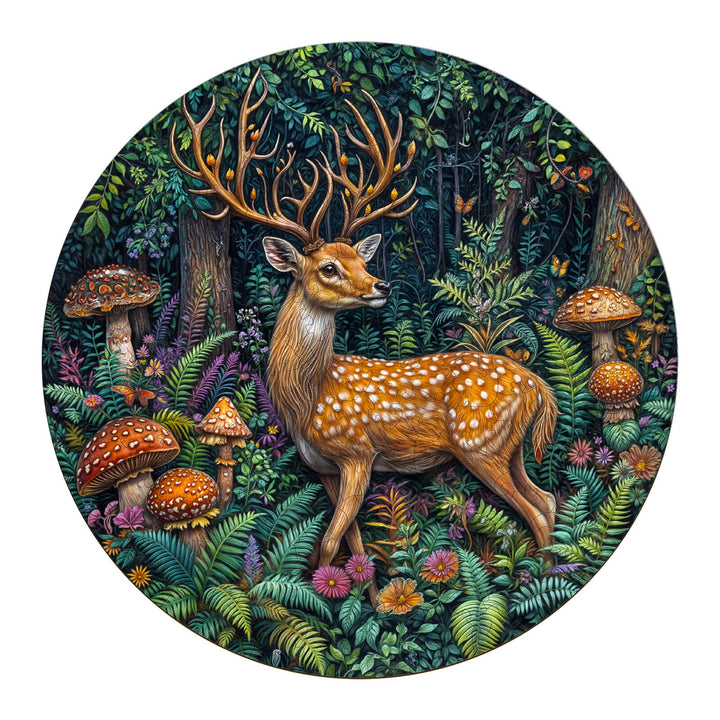 Colorful wooden jigsaw puzzle of a deer surrounded by mushrooms and lush forest foliage, ideal for puzzle enthusiasts.