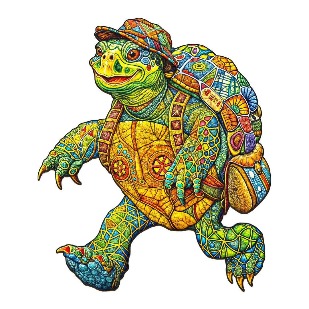 Colorful wooden jigsaw puzzle of a turtle wearing a hat, designed for brain games and enhancing focus.