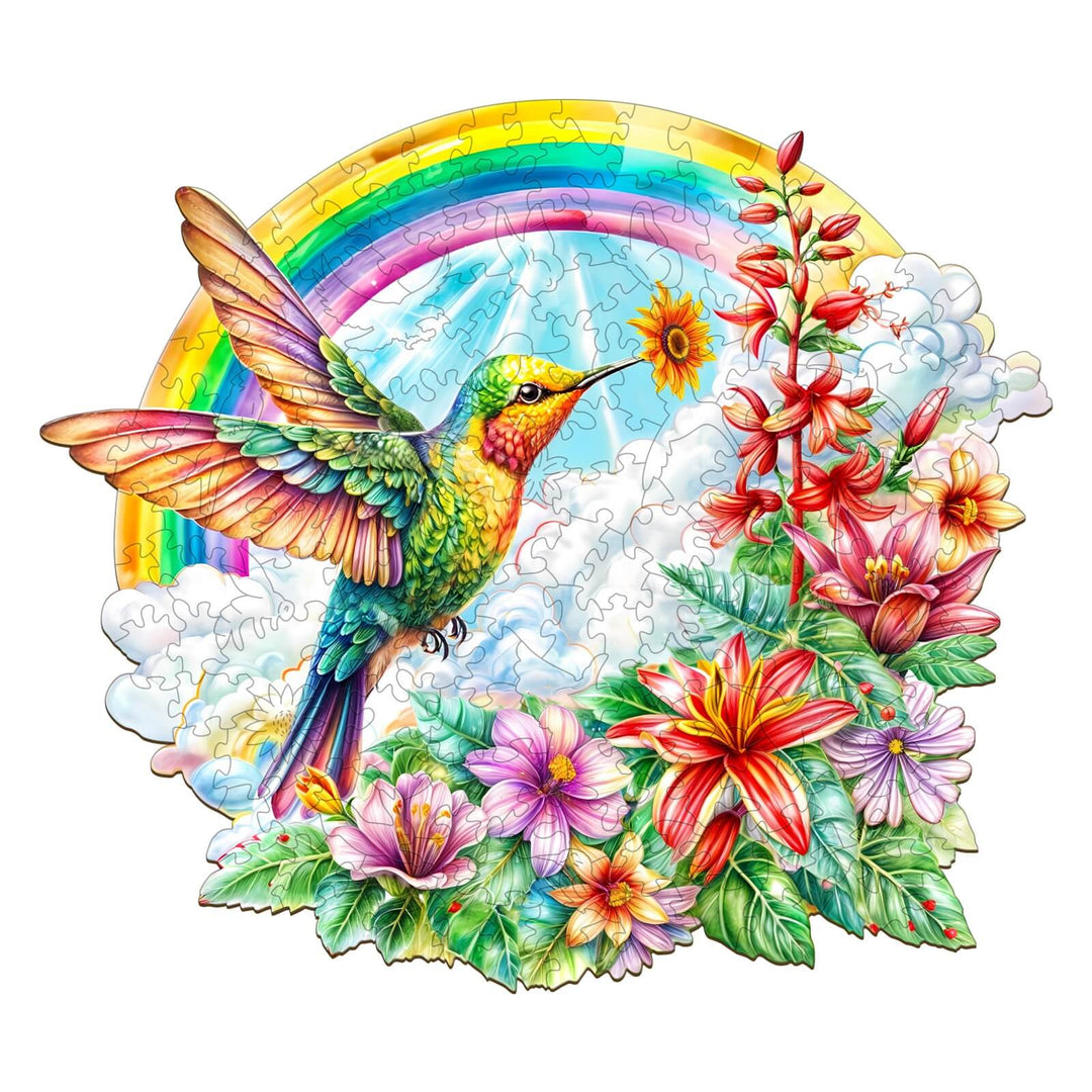 Colorful wooden jigsaw puzzle featuring an angel hummingbird amidst flowers and a vibrant rainbow.