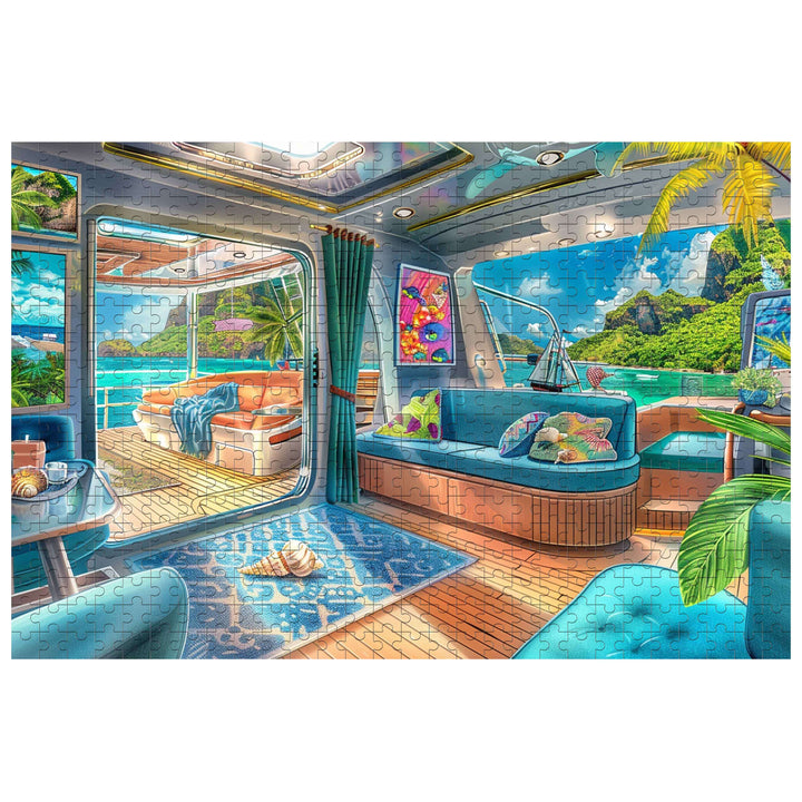Colorful interior of a luxury yacht puzzle showing relaxed tropical ambiance with ocean views.
