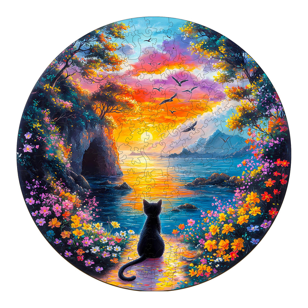 Sunset Kitten wooden jigsaw puzzle featuring a cat by the riverside surrounded by vibrant flowers and a colorful sunset.