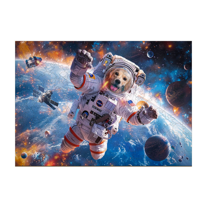 Golden retriever in astronaut suit floating in space surrounded by planets, representing imaginative jigsaw puzzle theme.