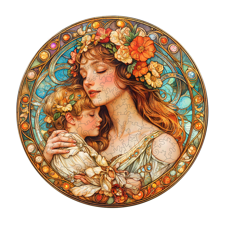 Maternal love wooden jigsaw puzzle featuring a mother and child illustration with floral design.