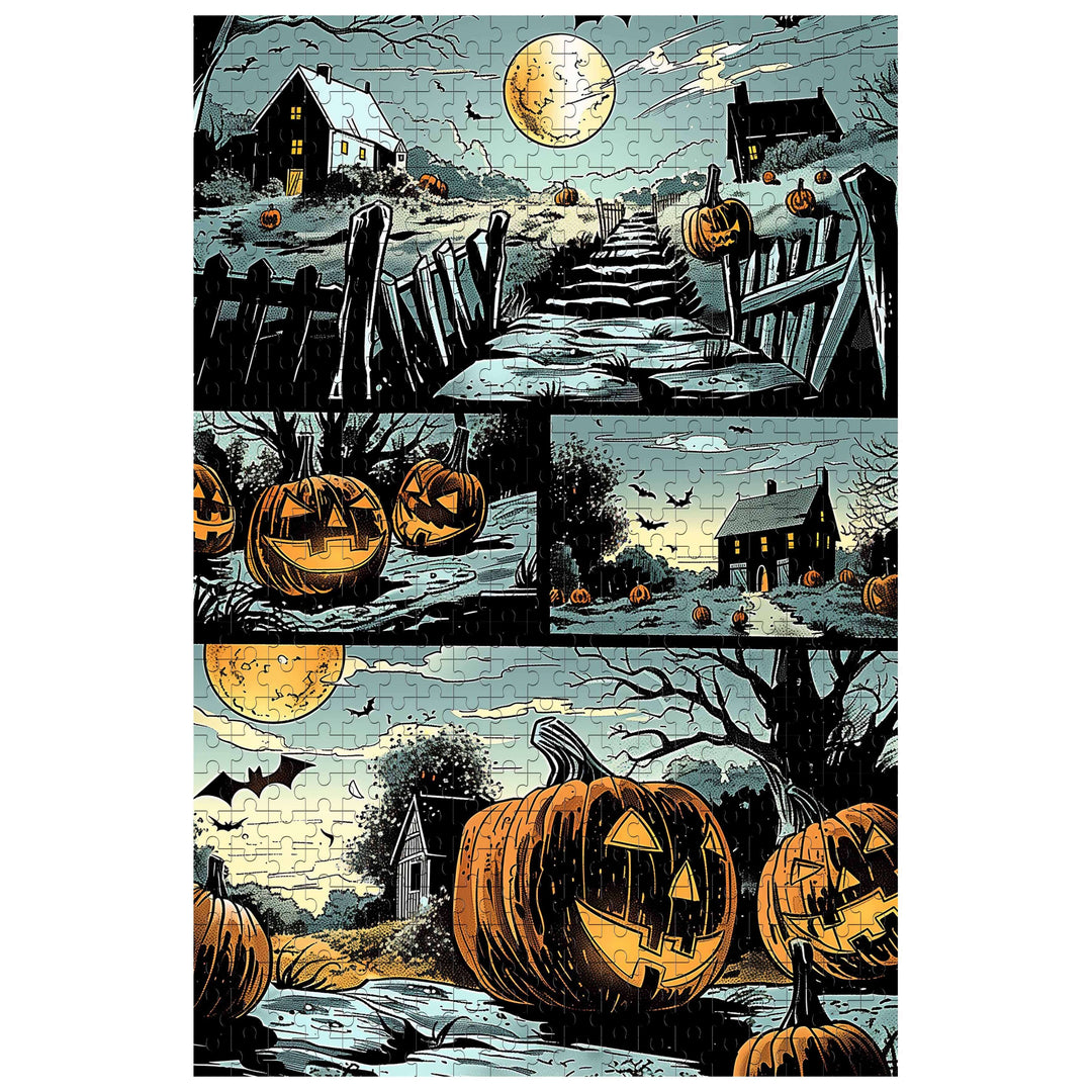 Scary Pumpkin jigsaw puzzle showcasing a spooky Halloween landscape with illuminated jack-o'-lanterns and a full moon.