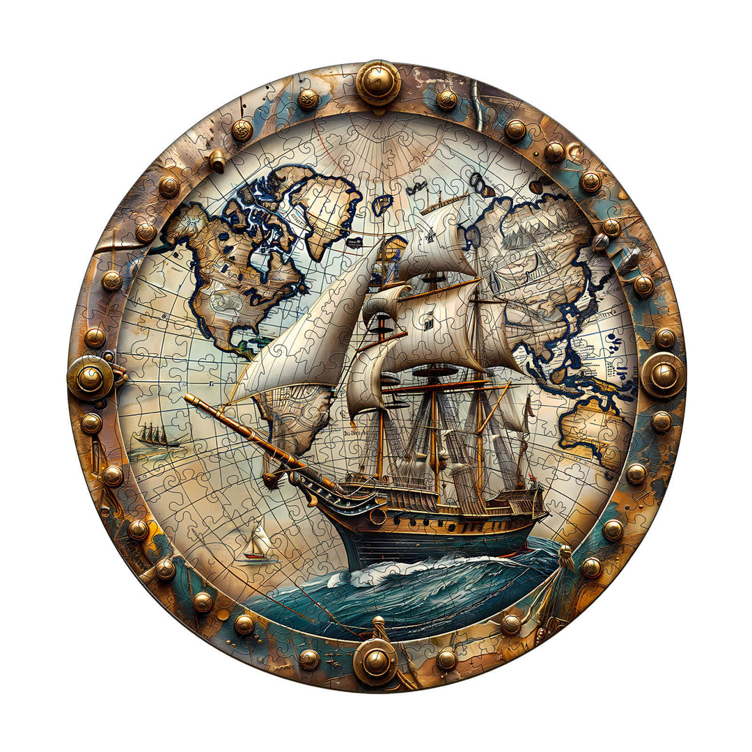World Voyage Wooden Jigsaw Puzzle featuring a ship and a map in a circular design, perfect for enhancing focus and cognitive skills.